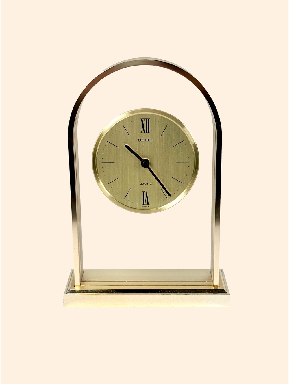 Vintage 1970s Seiko Quartz Desk Mantel Clock Gold Tone Floating Glass MCM Japan